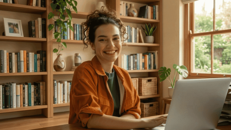 Licensed registered dietitian and certified personal trainer working on a laptop during an online telehealth consultation from a cozy home office.